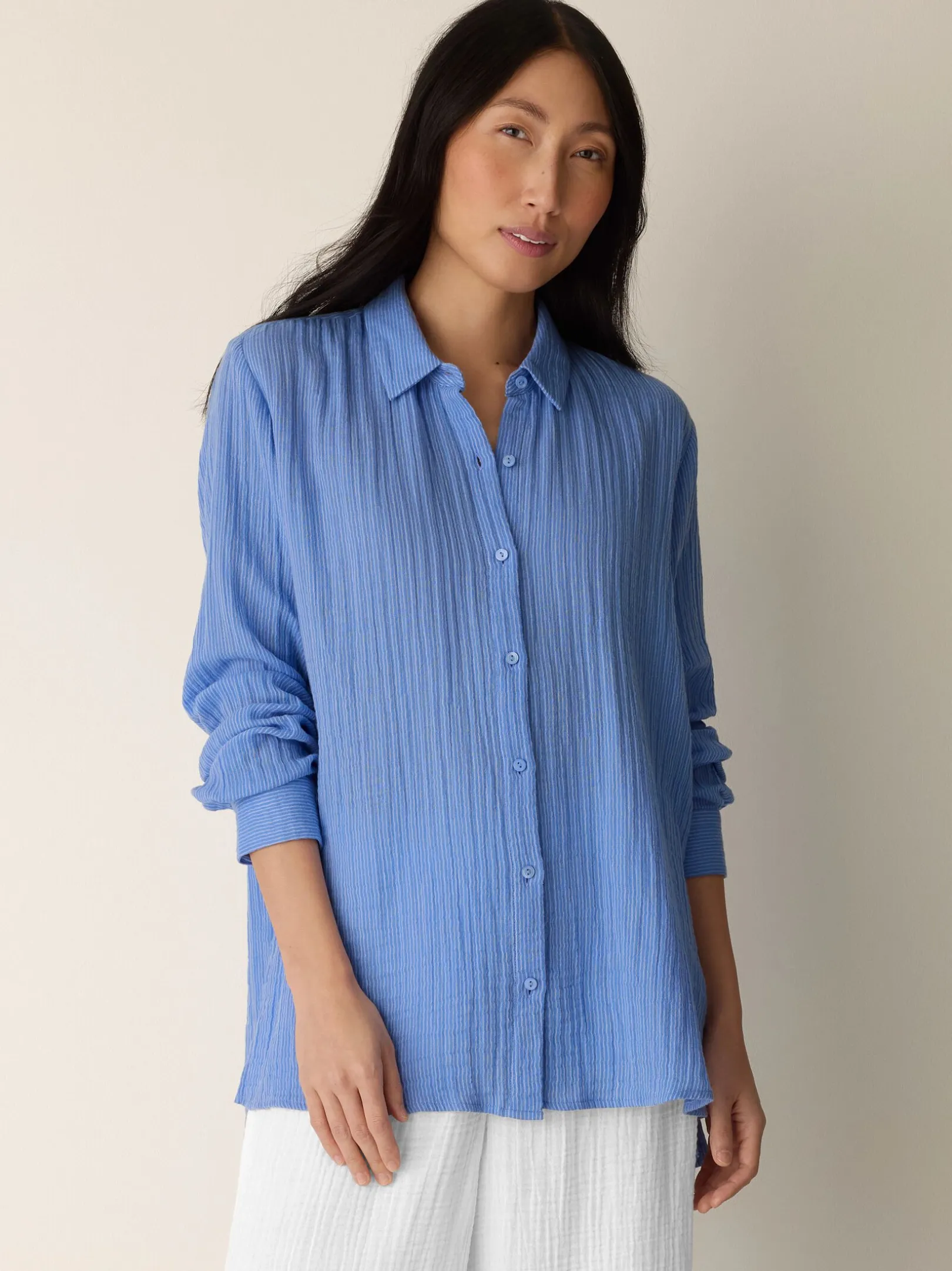 Striped Organic Cotton Gauze Classic Collar Shirt