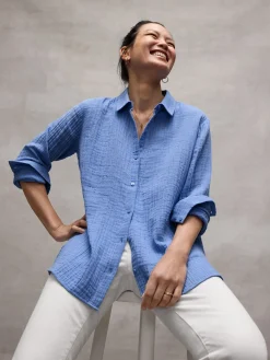 Striped Organic Cotton Gauze Classic Collar Shirt