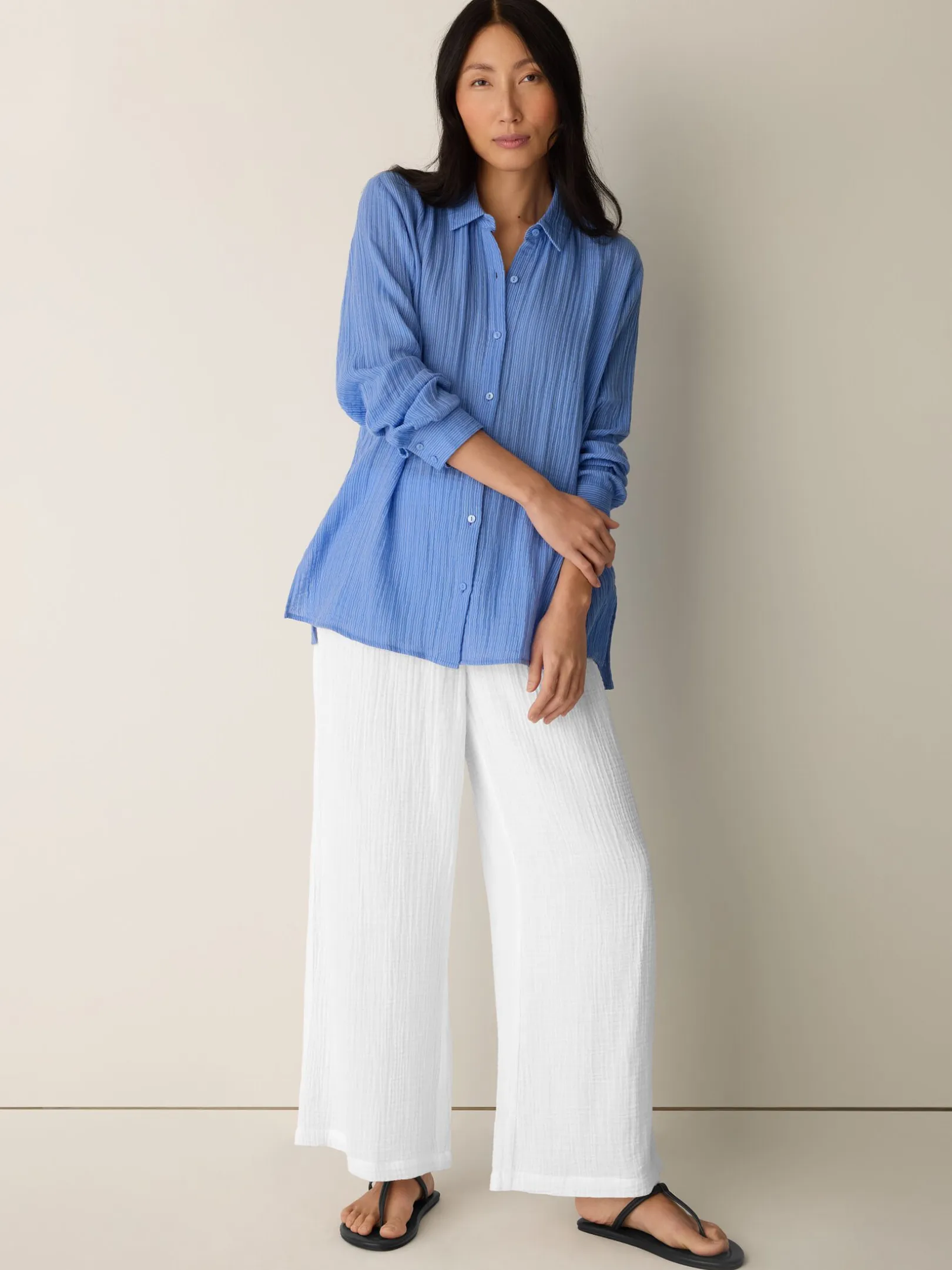 Striped Organic Cotton Gauze Classic Collar Shirt