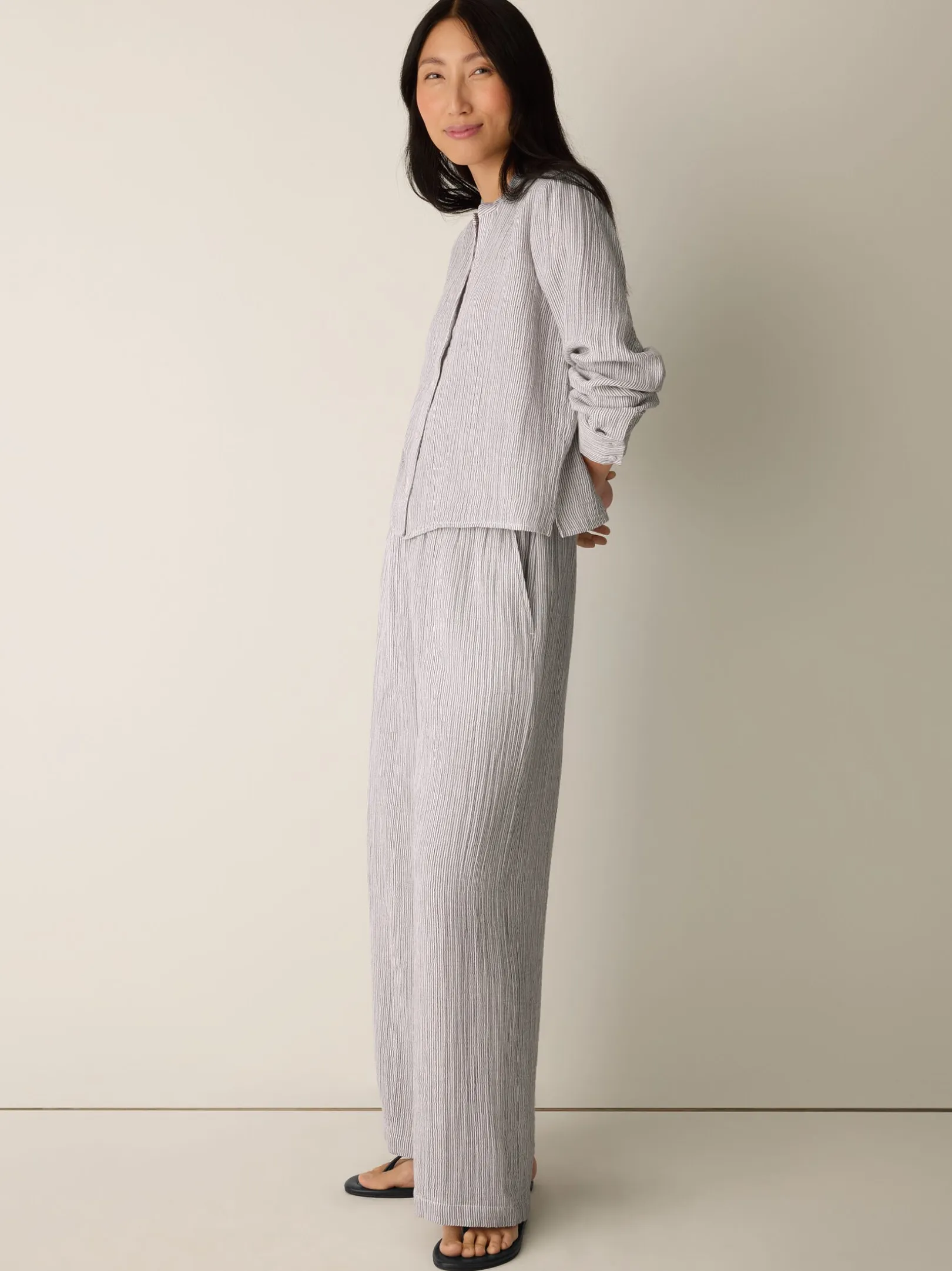 Striped Organic Cotton Gauze Band Collar Shirt