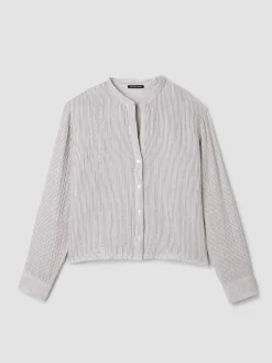 Striped Organic Cotton Gauze Band Collar Shirt