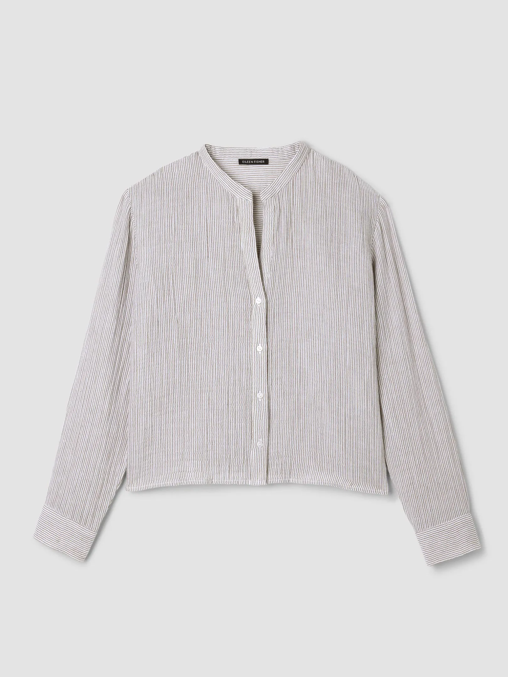 Striped Organic Cotton Gauze Band Collar Shirt