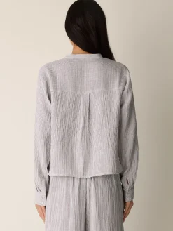 Striped Organic Cotton Gauze Band Collar Shirt