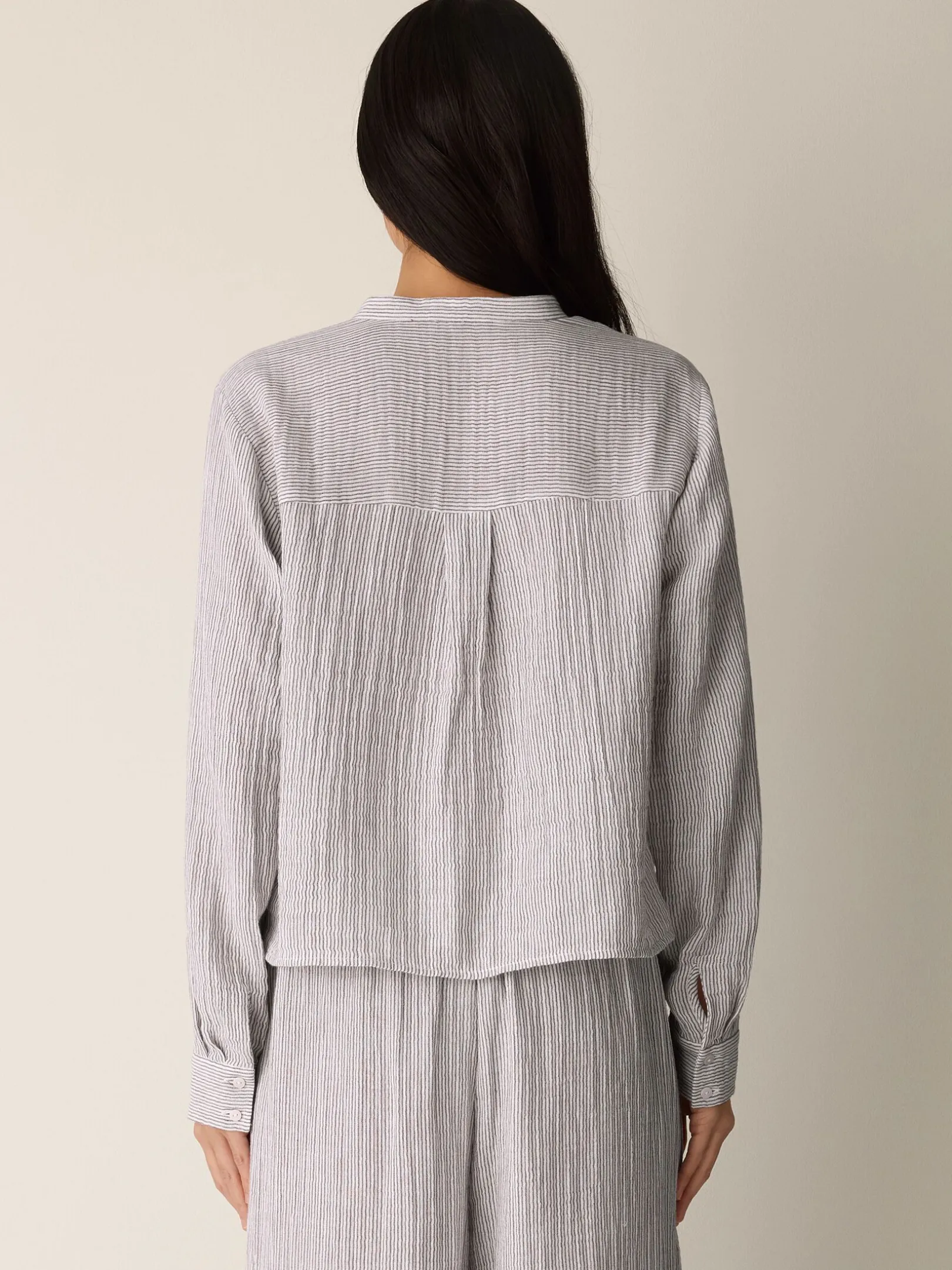 Striped Organic Cotton Gauze Band Collar Shirt