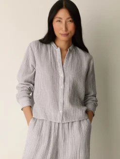 Striped Organic Cotton Gauze Band Collar Shirt