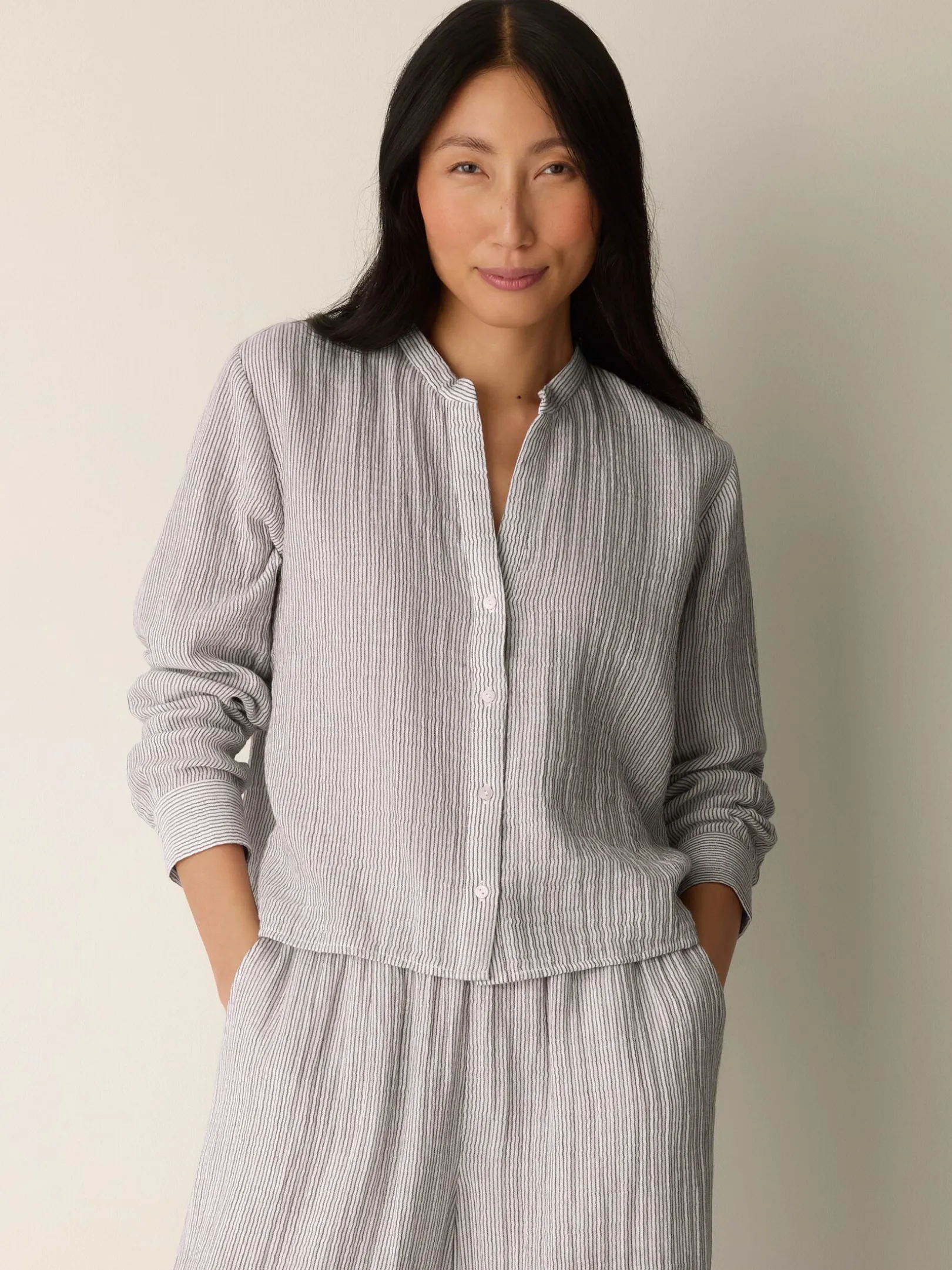 Striped Organic Cotton Gauze Band Collar Shirt