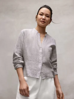 Striped Organic Cotton Gauze Band Collar Shirt