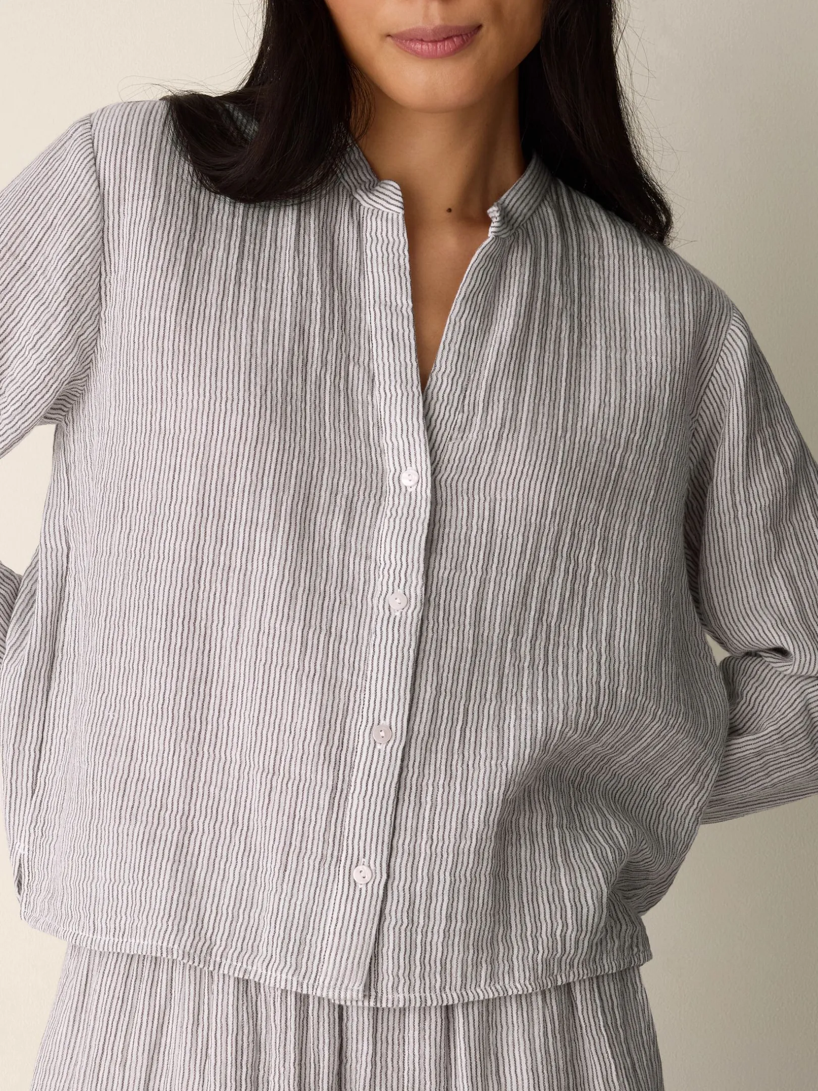 Striped Organic Cotton Gauze Band Collar Shirt