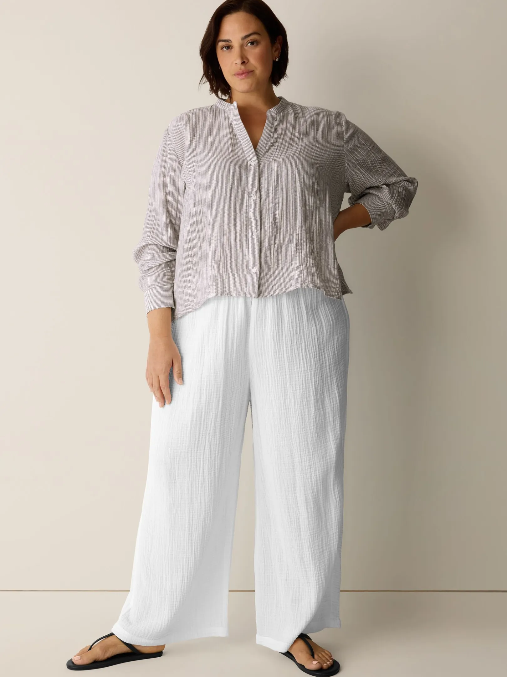 Striped Organic Cotton Gauze Band Collar Shirt