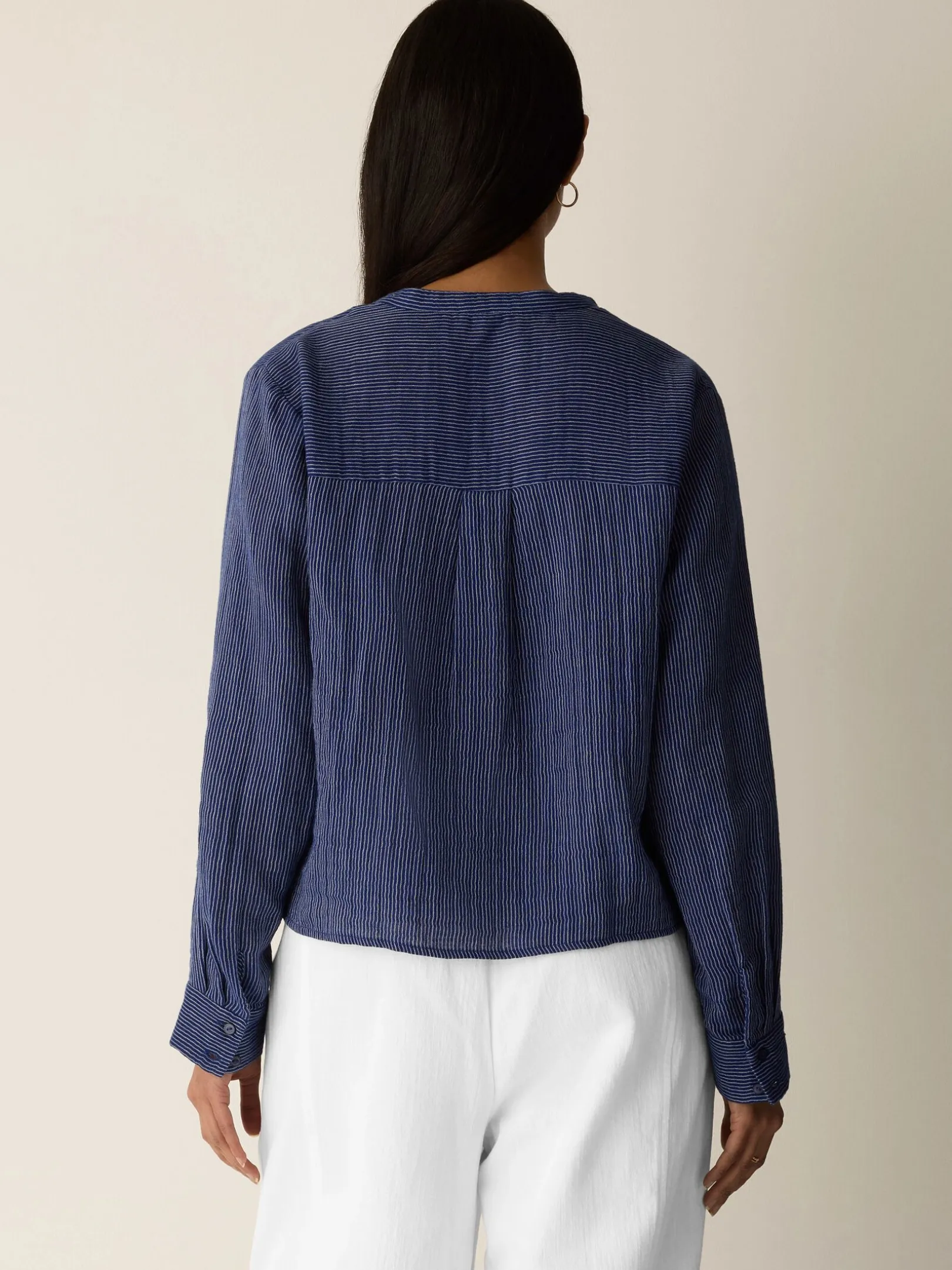 Striped Organic Cotton Gauze Band Collar Shirt