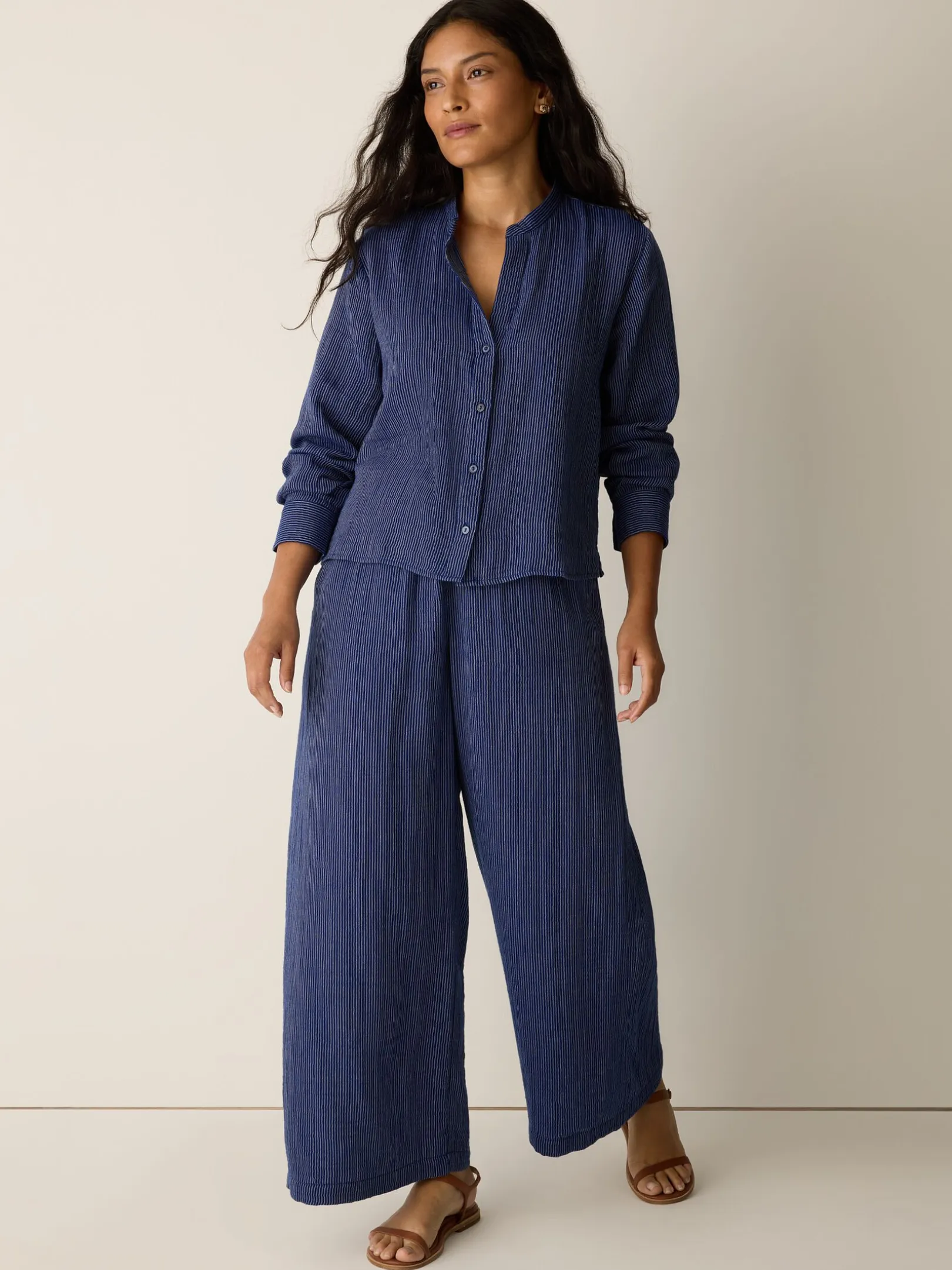 Striped Organic Cotton Gauze Band Collar Shirt
