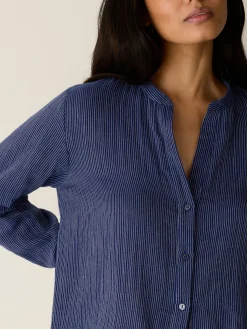 Striped Organic Cotton Gauze Band Collar Shirt