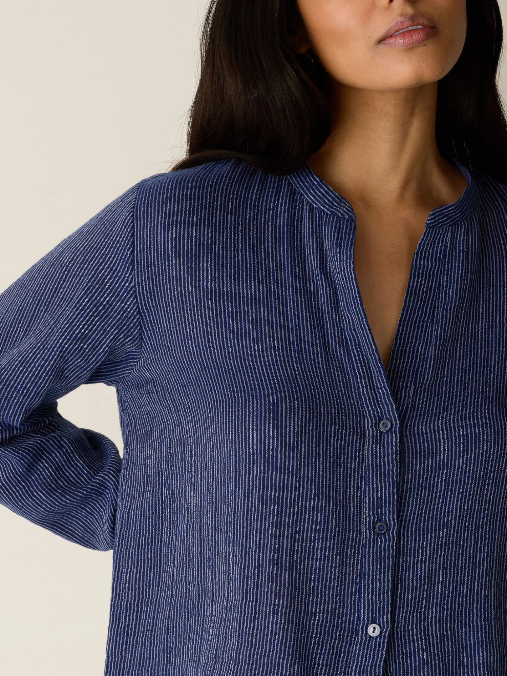 Striped Organic Cotton Gauze Band Collar Shirt