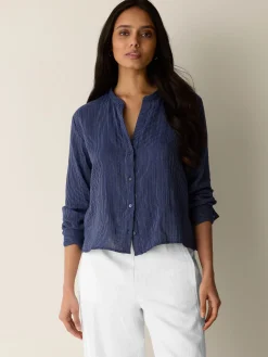 Striped Organic Cotton Gauze Band Collar Shirt