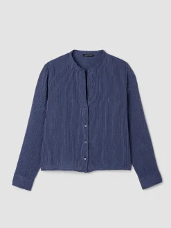 Striped Organic Cotton Gauze Band Collar Shirt