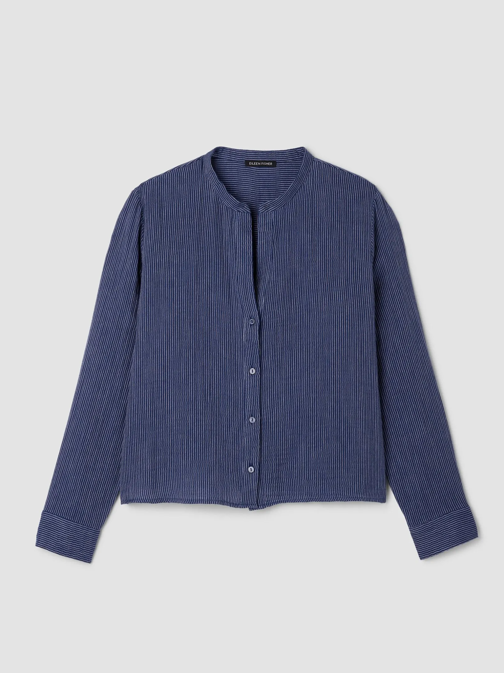 Striped Organic Cotton Gauze Band Collar Shirt