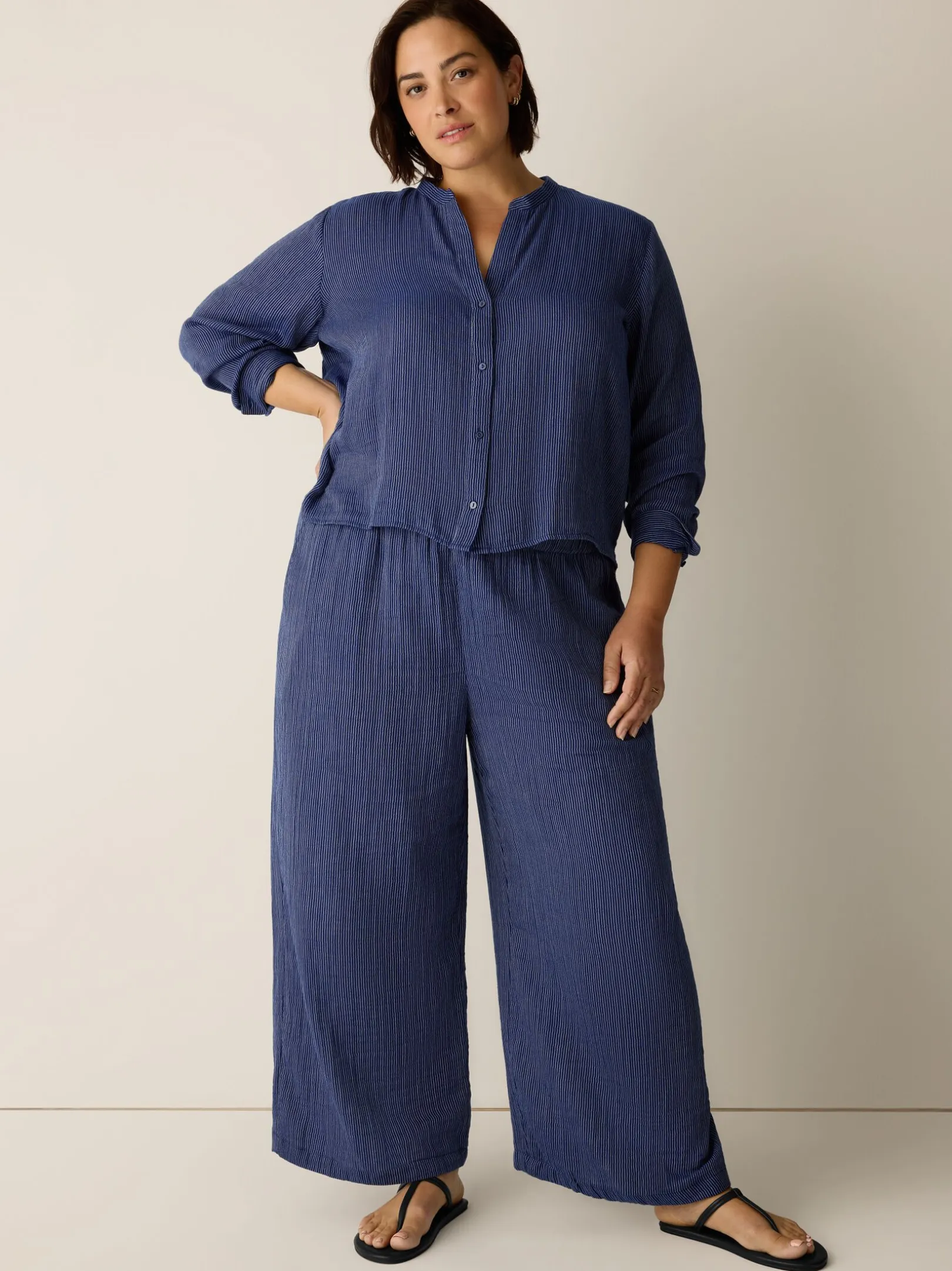 Striped Organic Cotton Gauze Band Collar Shirt