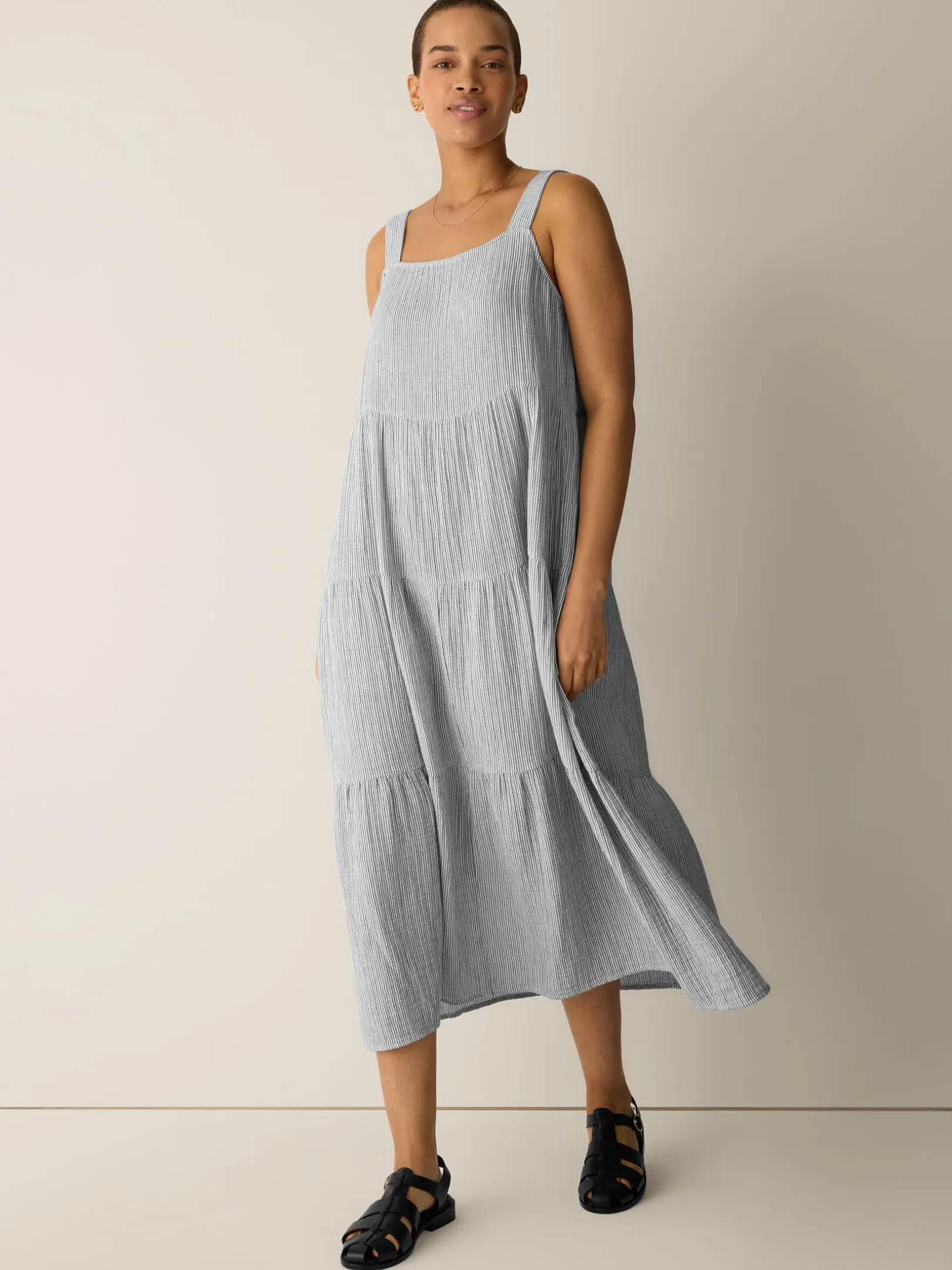 Striped Organic Cotton Gauze Tiered Dress