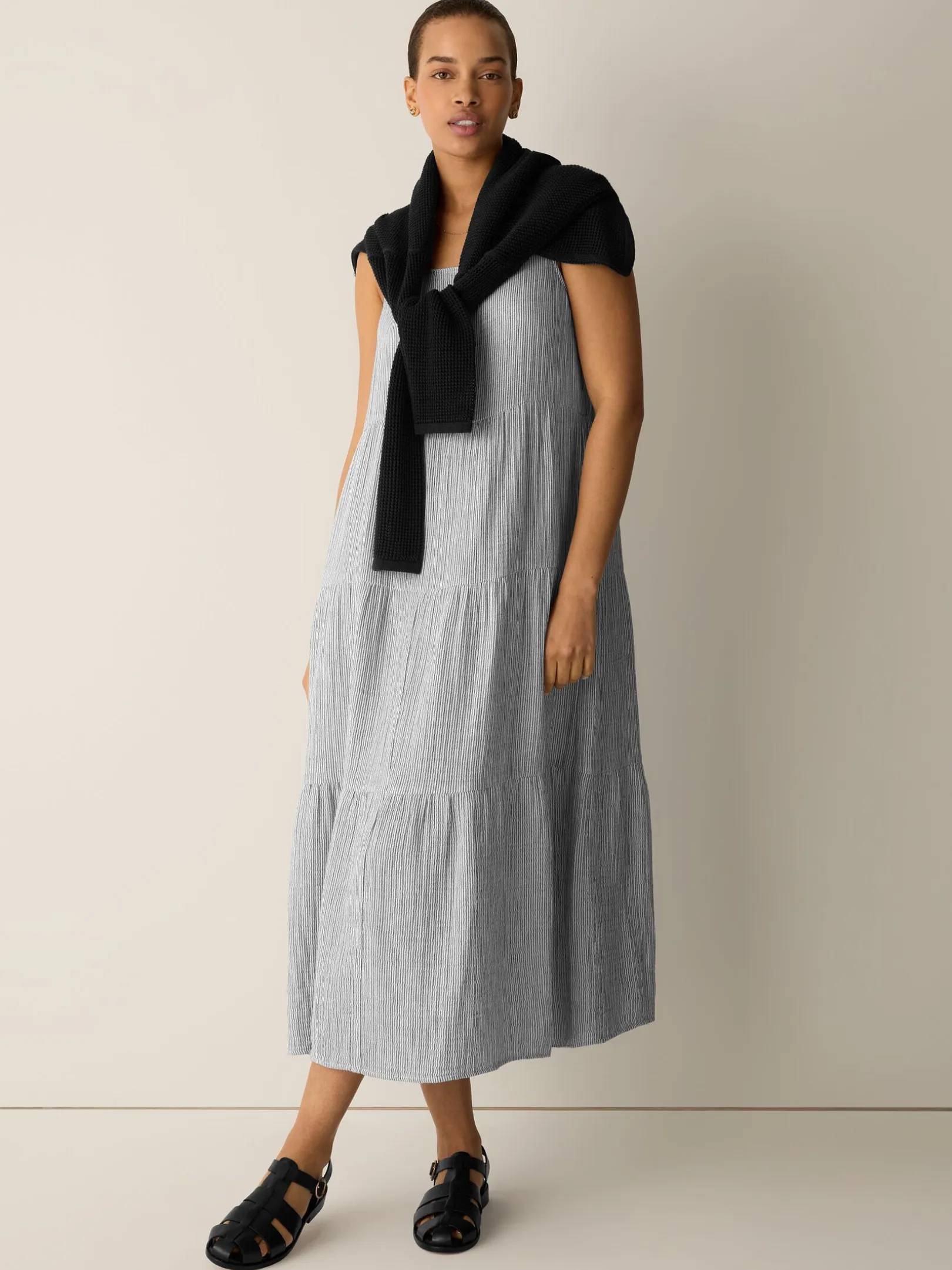 Striped Organic Cotton Gauze Tiered Dress
