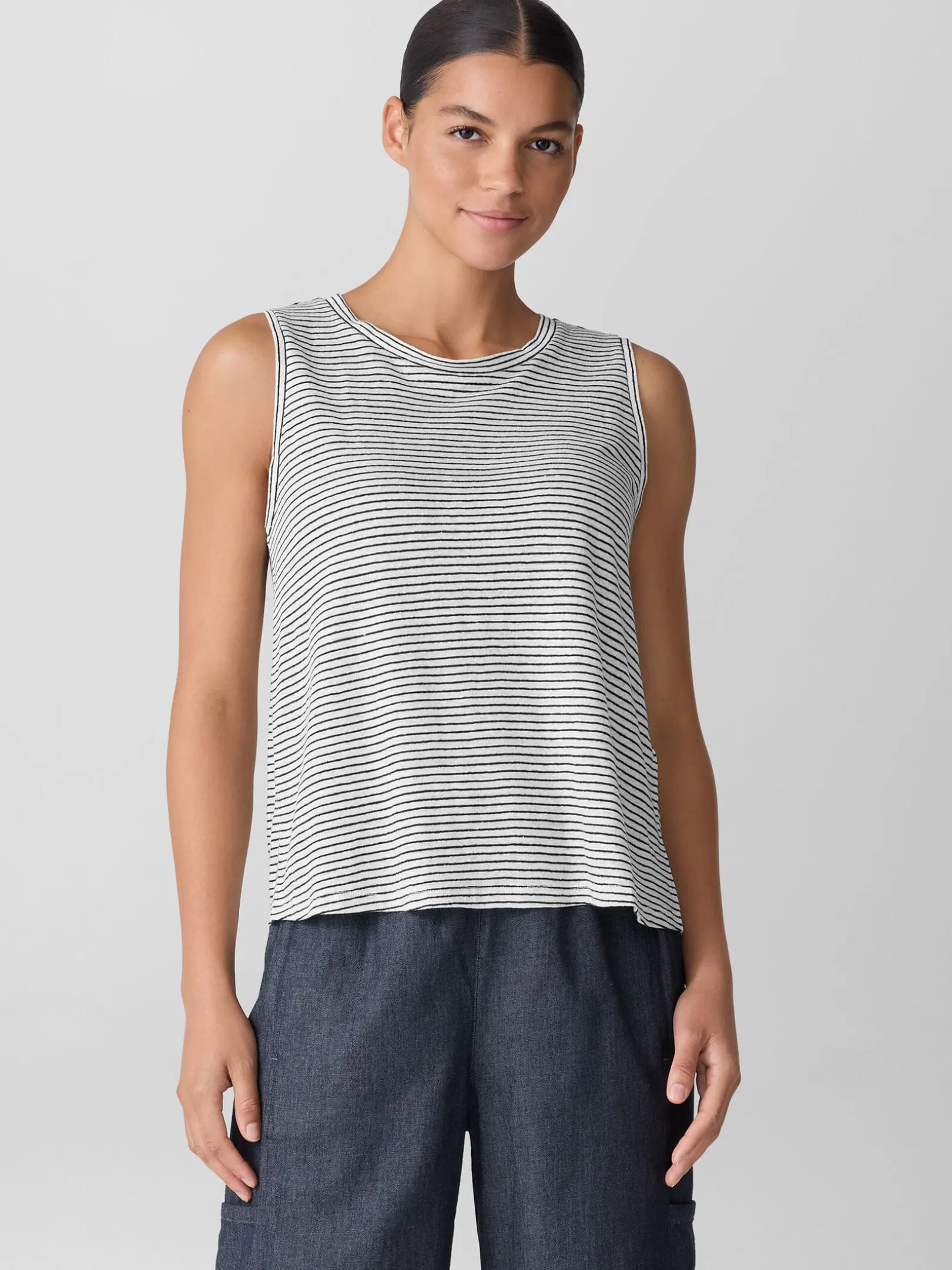 Striped Organic Linen Jersey Crew Neck Tank