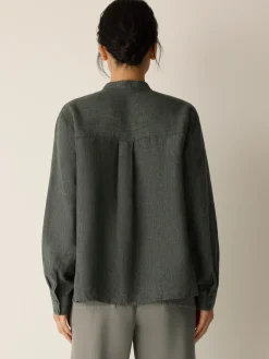 Washed Organic Linen Délavé Band Collar Shirt