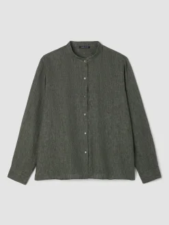 Washed Organic Linen Délavé Band Collar Shirt